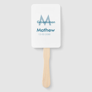 Navy blue groomsman name letter date masculine per hand fan