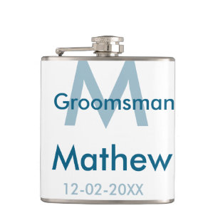 Navy blue groomsman name letter date masculine per hip flask
