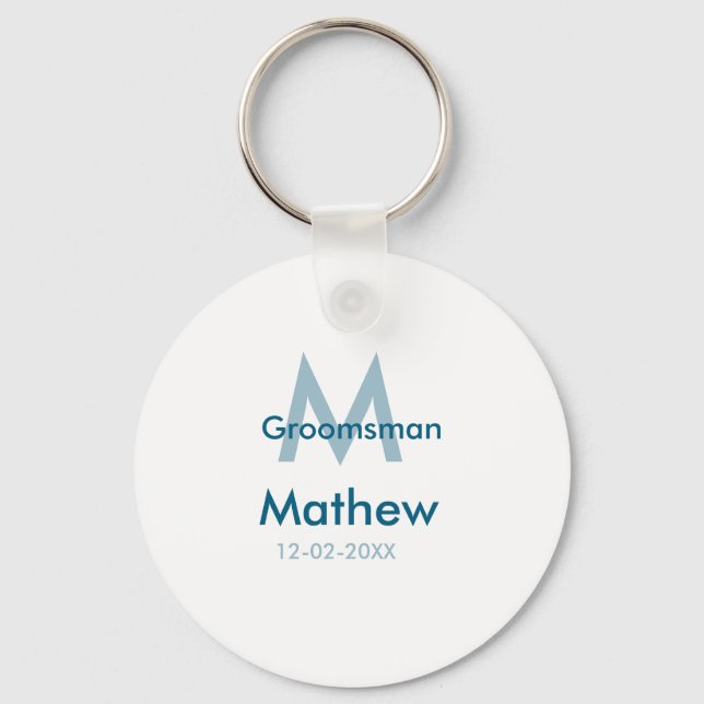 Navy blue groomsman name letter date masculine per key ring (Front)