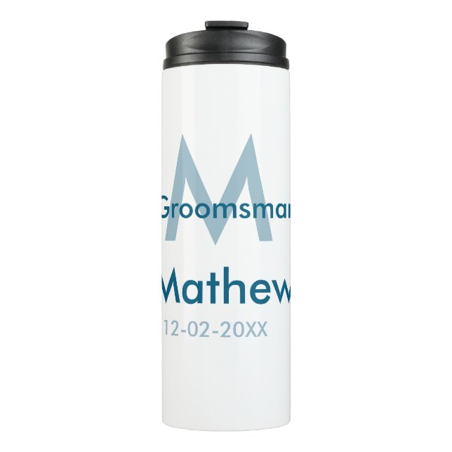 Navy blue groomsman name letter date masculine per thermal tumbler (Front)