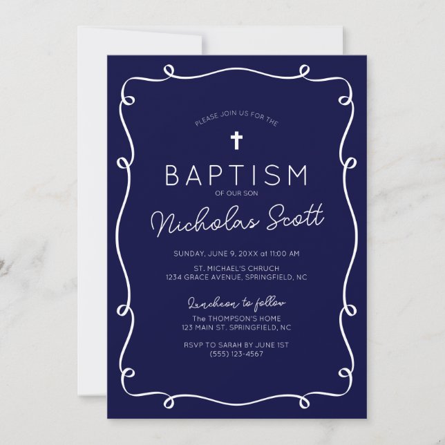 Navy Blue Hand Drawn Baptism Invitation (Front)