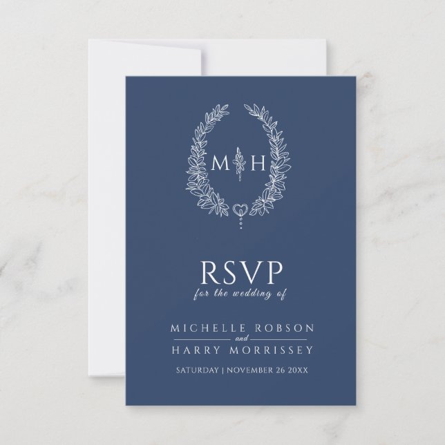 Navy blue hand drawn leaf monogram RSVP wedding Card (Front)