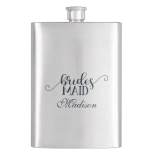Navy Blue Hand Lettered Font Wedding Bridesmaid Hip Flask