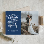 Navy Blue Hand Lettered Photo Wedding Thank You Card<br><div class="desc">Give thanks to family and friends for being part of your wedding with this thank you flat card featuring modern calligraphy and floral pattern with navy blue background. Other colours are available.</div>