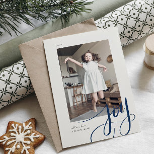 Navy Blue Hand Lettered Script Joy Christmas Photo