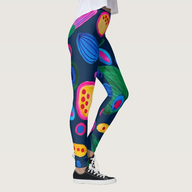 Navy blue hand-painted boho pattern leggings (Right)