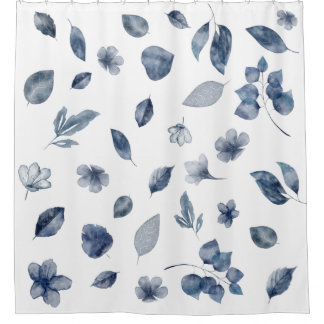 Navy Blue Hand Painted Watercolour Leaves Flowers Shower Curtain