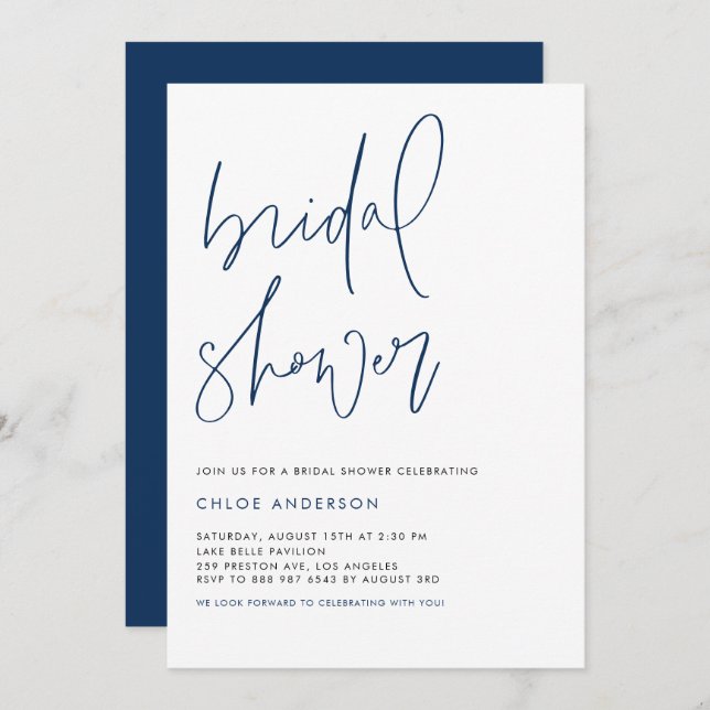 Navy Blue Handwritten Script Bridal Shower Invitation (Front/Back)
