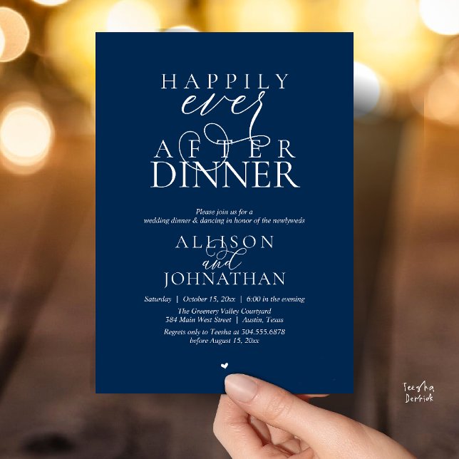 Navy Blue Happily Ever After Dinner Modern Wedding Invitation (Navy Blue Happily Ever After Dinner Modern Script Wedding Invitation Card)