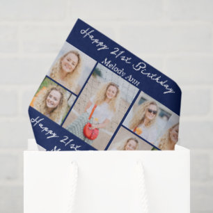 Navy Blue Happy Birthday Photo Collage Custom Tissue Paper