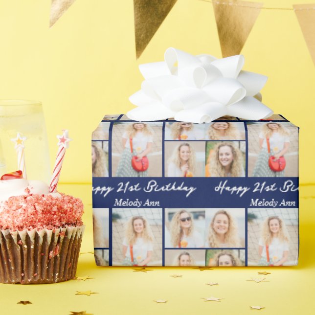 Navy Blue Happy Birthday Photo Collage Wrapping Paper (Birthday Party)