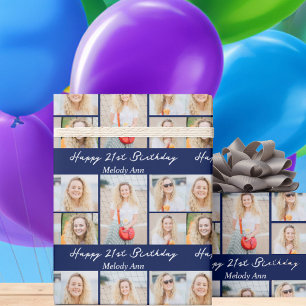 Navy Blue Happy Birthday Photo Collage Wrapping Paper