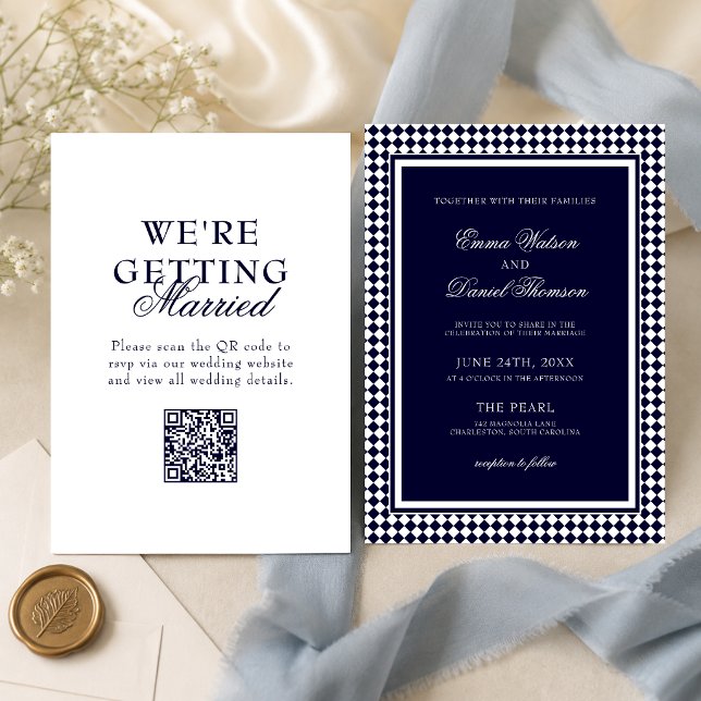 Navy Blue Harlequin Border QR Code Wedding Invitation (Navy blue QR code wedding invitation makes sharing details simple and elegant.)
