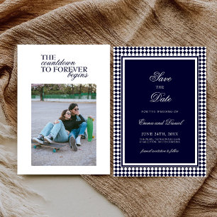 Navy Blue Harlequin Border Quote Photo Wedding Save The Date