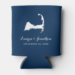 Navy Blue Harwich Port Cape Cod Gold Heart Wedding Can Cooler