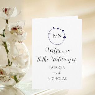Navy Blue Heart Wreath and Initials Wedding Programme