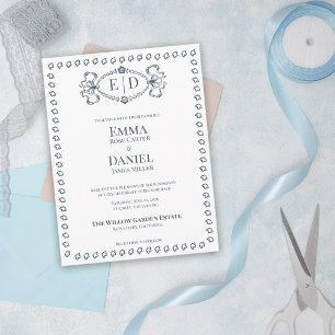 Navy Blue Heirloom Crest Monogram Formal Wedding Invitation Postcard