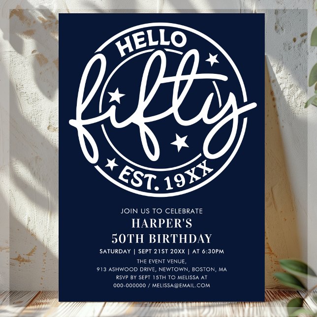 Navy Blue Hello Fifty 50th Birthday Invitation (Creator Uploaded)