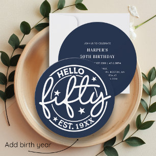 Navy Blue Hello Fifty 50th Birthday Invitation