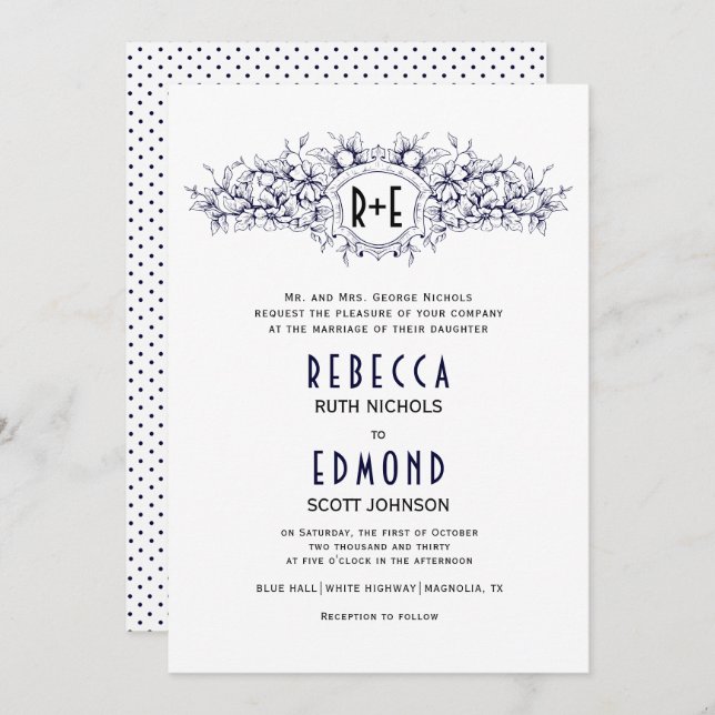 Navy blue heraldic crest with initials wedding invitation (Front/Back)