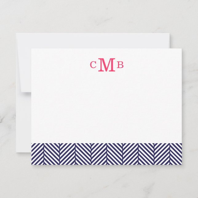 Navy Blue Herringbone Custom Monogram Stationery Note Card (Front)