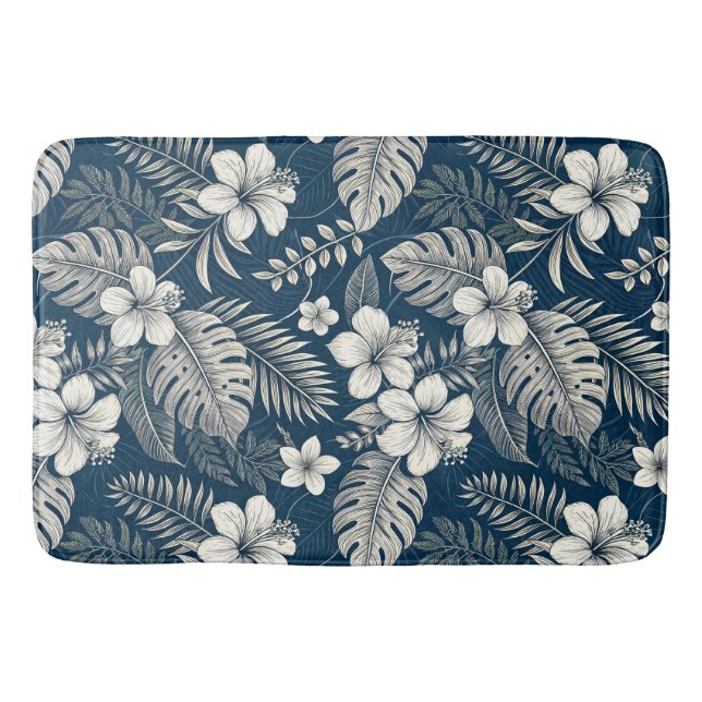 Navy Blue Hibiscus Monstera Tropical Botanical Bath Mat (Front)
