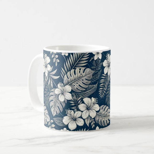 Navy Blue Hibiscus Monstera Tropical Botanical Coffee Mug (Front Left)