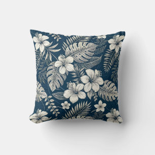 Navy Blue Hibiscus Monstera Tropical Botanical Cushion