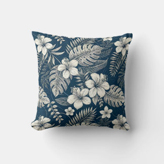 Navy Blue Hibiscus Monstera Tropical Botanical Cushion