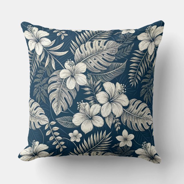 Navy Blue Hibiscus Monstera Tropical Botanical Cushion (Front)