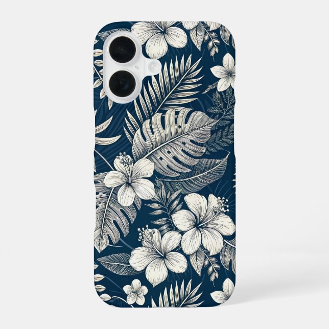 Navy Blue Hibiscus Monstera Tropical Botanical iPhone 16 Case (Back)