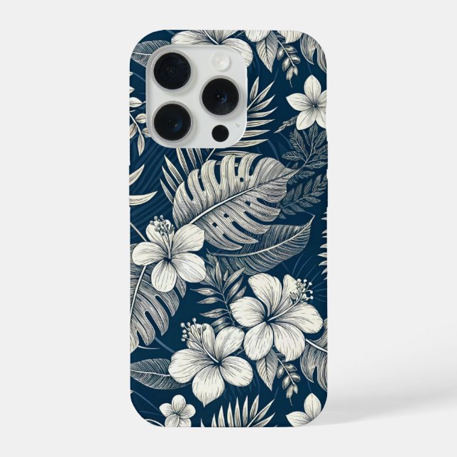 Navy Blue Hibiscus Monstera Tropical Botanical iPhone Case (Back)