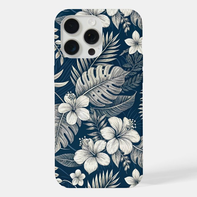 Navy Blue Hibiscus Monstera Tropical Botanical iPhone Case (Back)