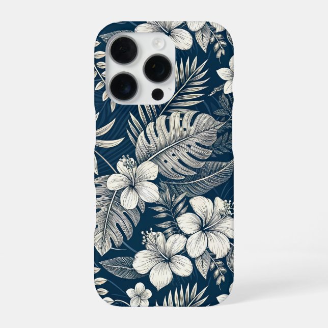 Navy Blue Hibiscus Monstera Tropical Botanical iPhone Case (Back)