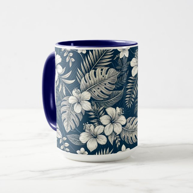 Navy Blue Hibiscus Monstera Tropical Botanical Mug (Front Left)