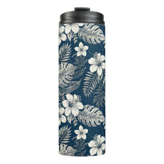 Navy Blue Hibiscus Monstera Tropical Botanical Thermal Tumbler