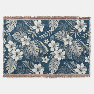 Navy Blue Hibiscus Monstera Tropical Botanical Throw Blanket