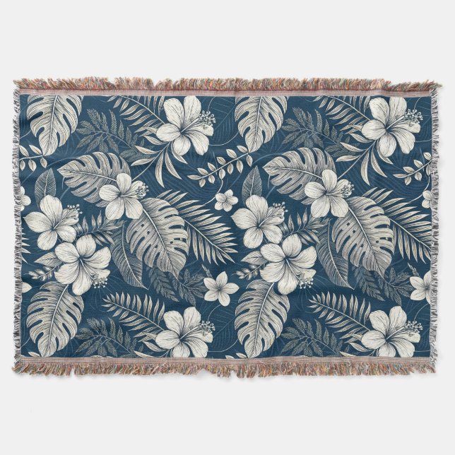 Navy Blue Hibiscus Monstera Tropical Botanical Throw Blanket (Front)