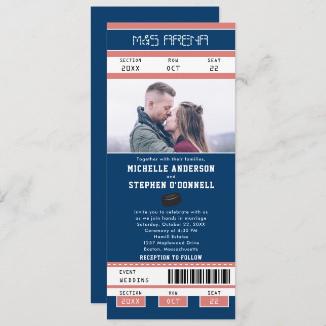 Navy Blue Hockey Ticket Wedding Invitation (Front/Back)