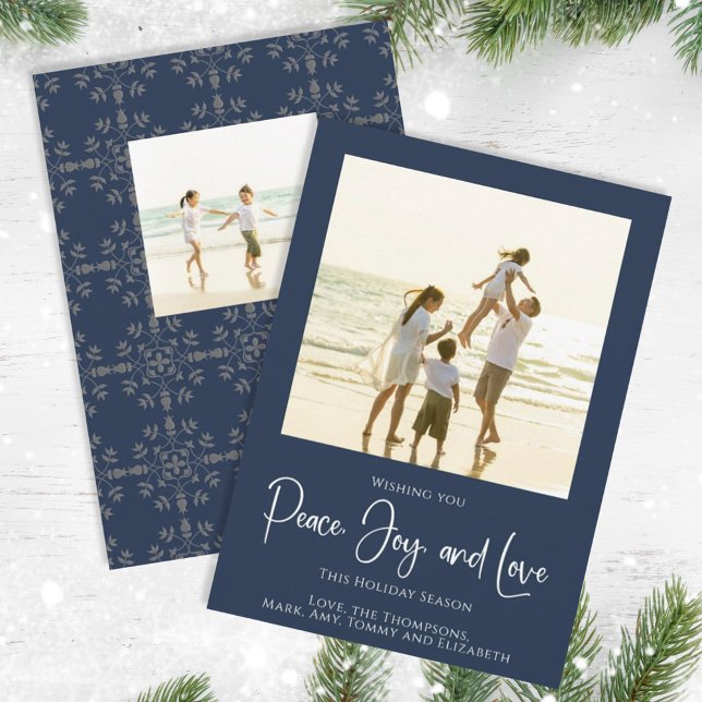 Navy Blue Holiday Snowflake Photo (Christmas holiday simple peace, joy, and love navy blue photo card. )