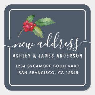 Navy Blue Holly Berry New Address Square Sticker