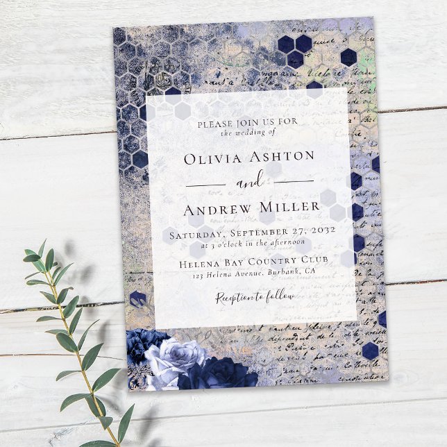Navy Blue Honeycomb Floral Wedding Invitation (Creator Uploaded)
