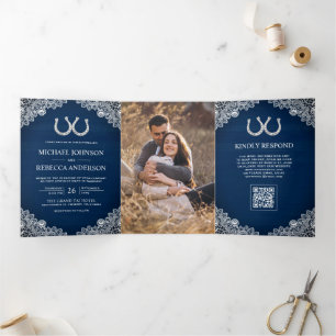 Navy Blue Horseshoes Lace Photo QR Code Wedding Tri-Fold Invitation