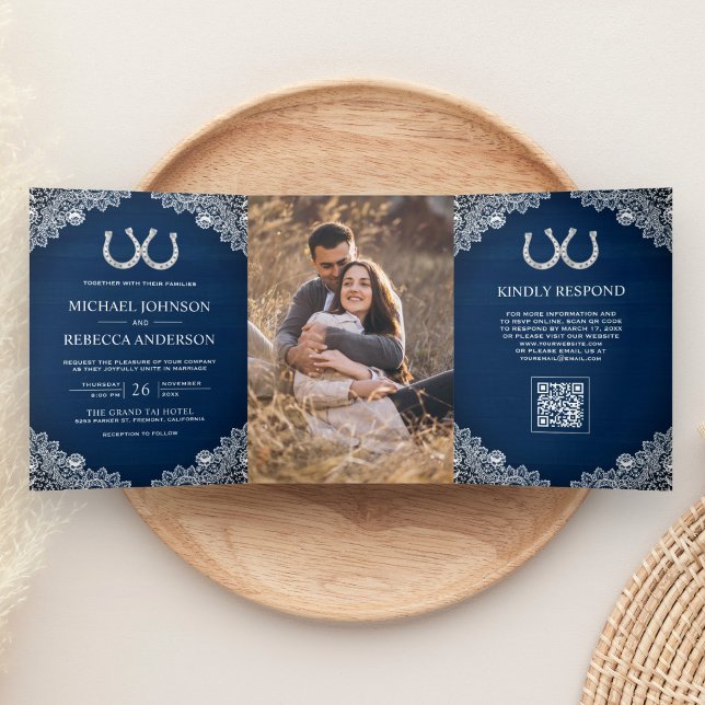 Navy Blue Horseshoes Lace Photo QR Code Wedding Tri-Fold Invitation (Creator Uploaded)