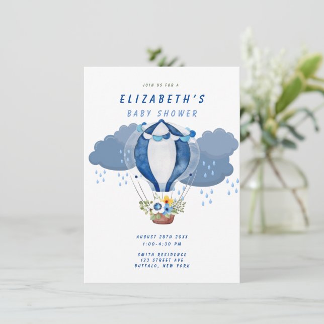 Navy Blue Hot Air Balloon Floral Boy Baby Shower Invitation (Standing Front)