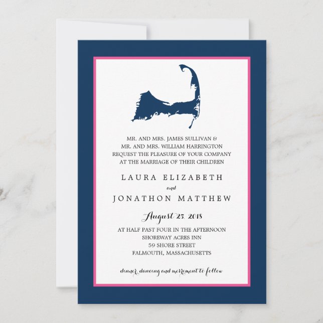 Navy Blue Hot Pink Cape Cod Map | Wedding Invitation (Front)