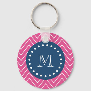 Navy Blue, Hot Pink Chevron   Your Monogram Key Ring