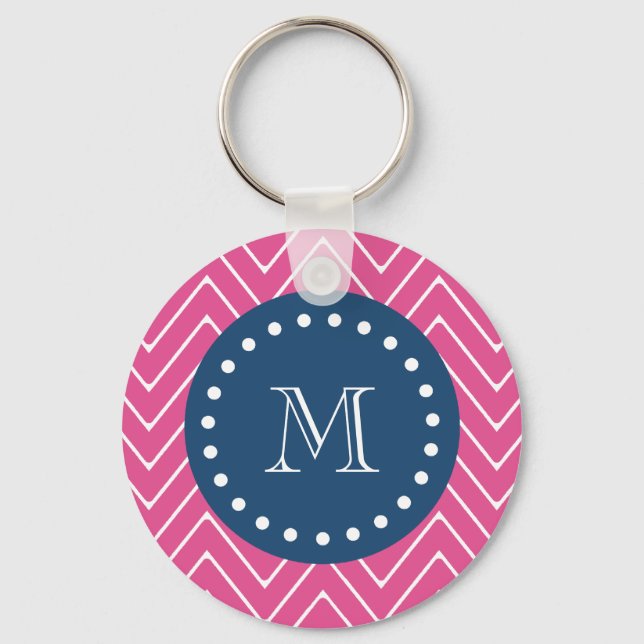 Navy Blue, Hot Pink Chevron | Your Monogram Key Ring (Front)