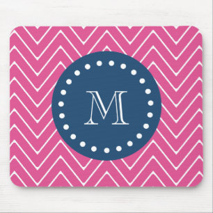 Navy Blue, Hot Pink Chevron   Your Monogram Mouse Pad