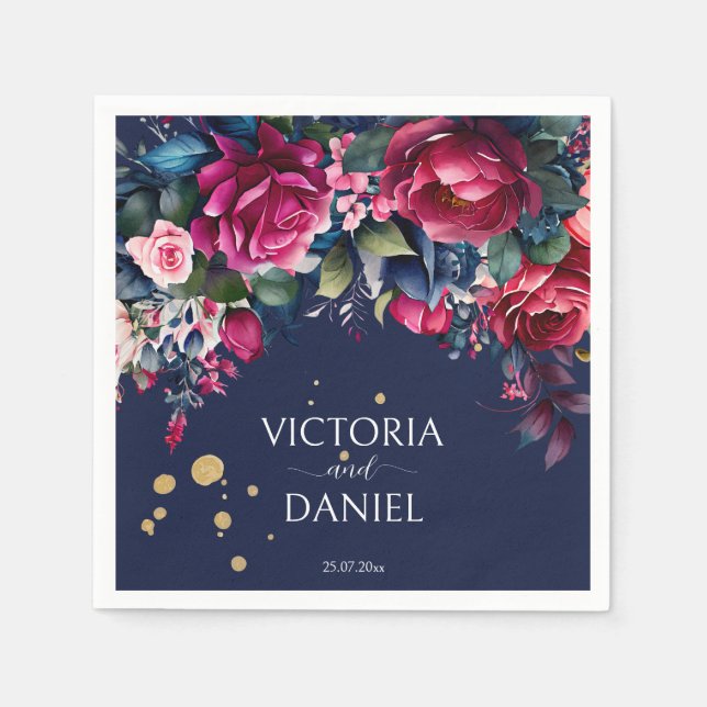 Navy blue hot pink roses personalised wedding napkin (Front)